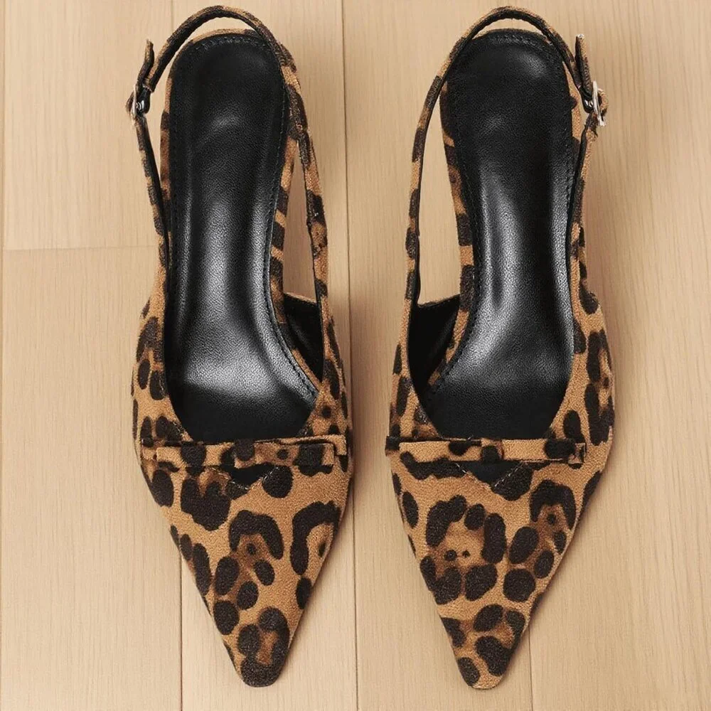 Women's Leopard Slingback Kitten Heels Bow Ankle Strap Pointed Toe Heel Sexy